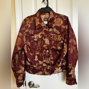Cropped-Burgundy & Gold Floral Jacquard Denim Style Jacket. Department of Peace.